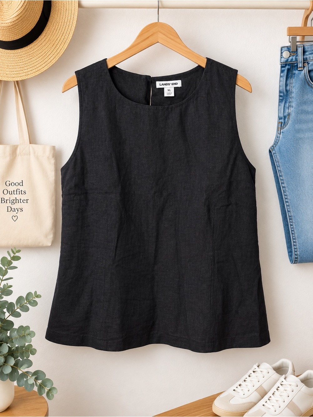 Lands' End Black Sleeveless Linen Shell